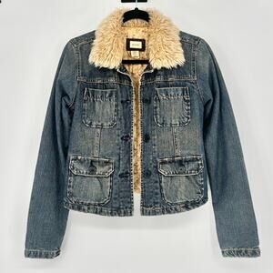 Abercrombie Vintage Y2K Faux Fur Collar Denim Jacket Size L (Youth)